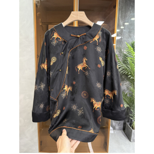 1Y751 真丝提花斜襟圆领印花骏马上衣女 国风新中式 G上6K