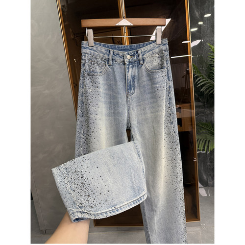 N货!重工烫钻高腰牛仔阔腿镰刀裤