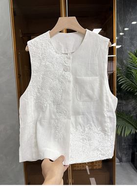 清仓不予退换！厂P牌款！重工刺绣亚麻圆领马甲女AC05124~JS