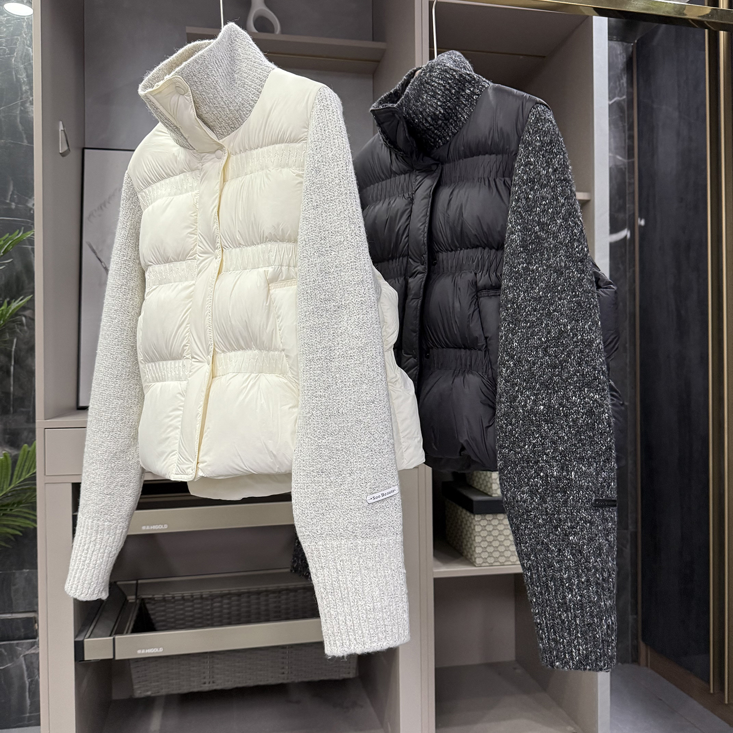 拼接针织白鸭绒羽绒服立领外套