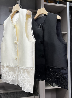 清仓不予退换！重工刺绣钉珠拼接真丝欧根纱圆领马甲女 D1136~ZY