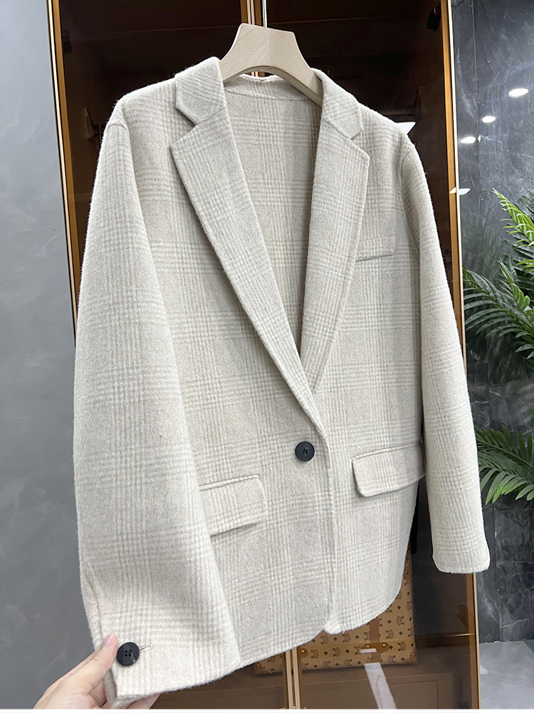一眼的篙级感~重磅羊绒羊毛毛呢格子西装外套女  216364