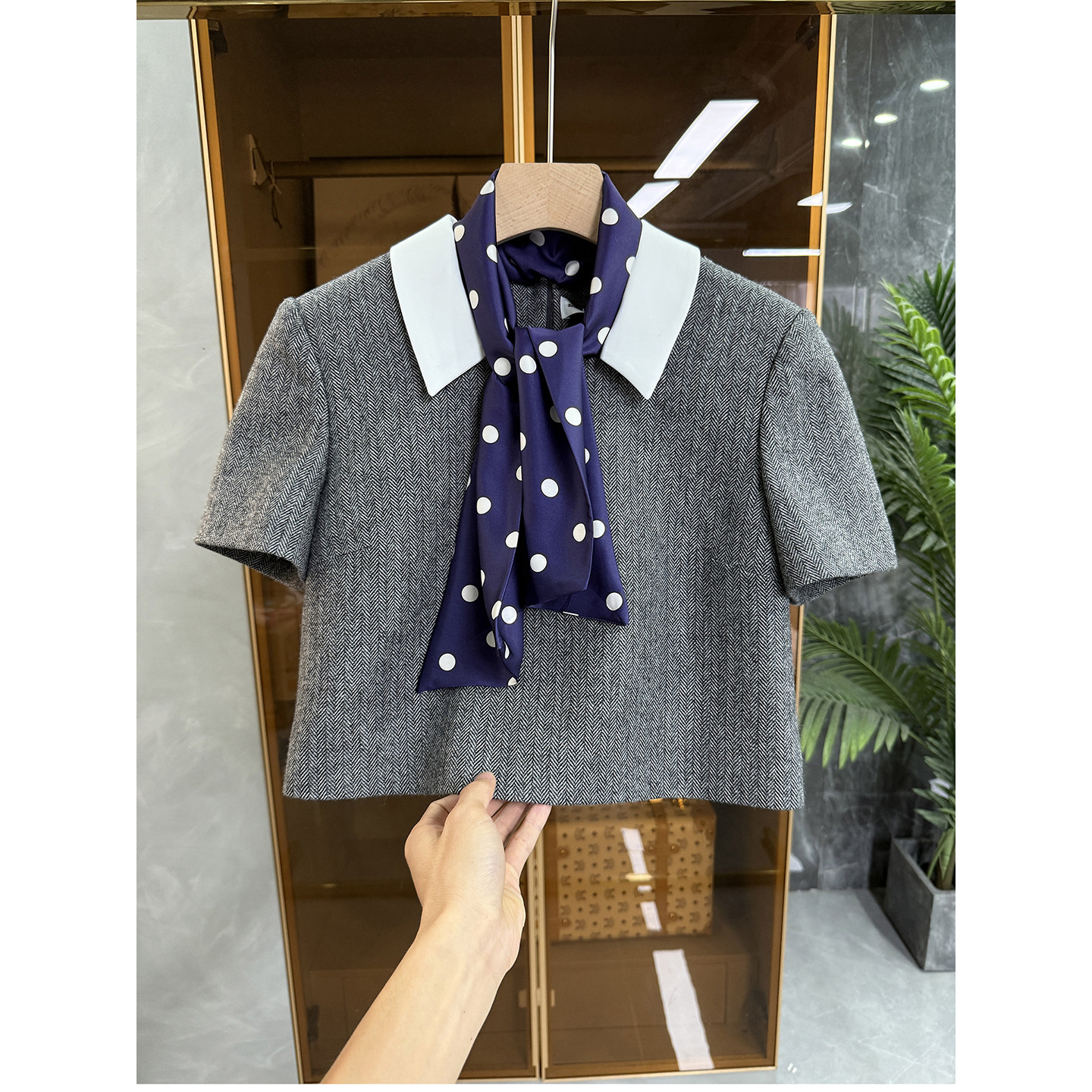 代工厂柜款！人字纹绵羊毛撞色领飘带短袖短上衣女  20251157~JS,女装/女士精品,短外套,淘宝优惠券,粉丝福利购,淘宝优惠卷