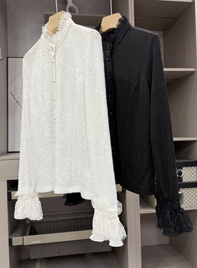 法式！美到不敢照镜子！提花羊毛花边立领衬衫上衣女  S85901~ZY