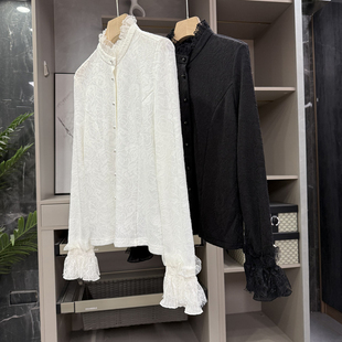 法式！美到不敢照镜子！提花羊毛花边立领衬衫上衣女  S85901~ZY