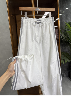 炸街时髦单品！条纹松紧腰宽松工装休闲束脚裤女   M022563~JS