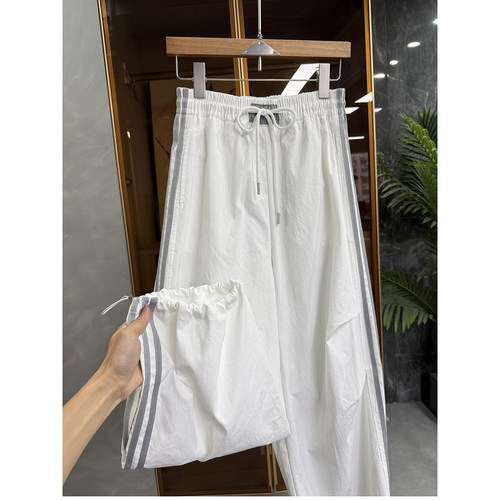 条纹松紧腰宽松工装休闲束脚裤