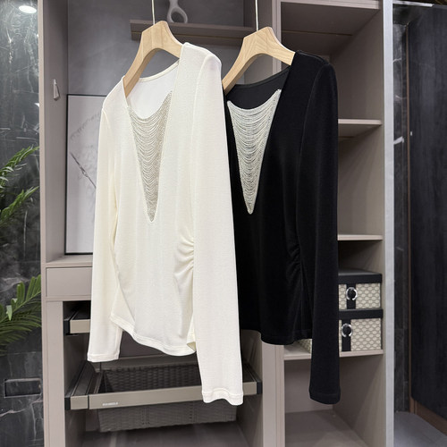 N货！醋酸串珠流苏圆领长袖上衣