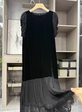 清仓不予退换！！真丝丝绒拼接蕾丝圆领花苞短袖连衣裙58020~ZY