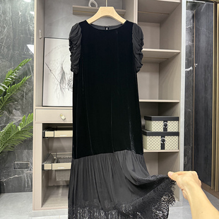 清仓不予退换！！真丝丝绒拼接蕾丝圆领花苞短袖连衣裙58020~ZY