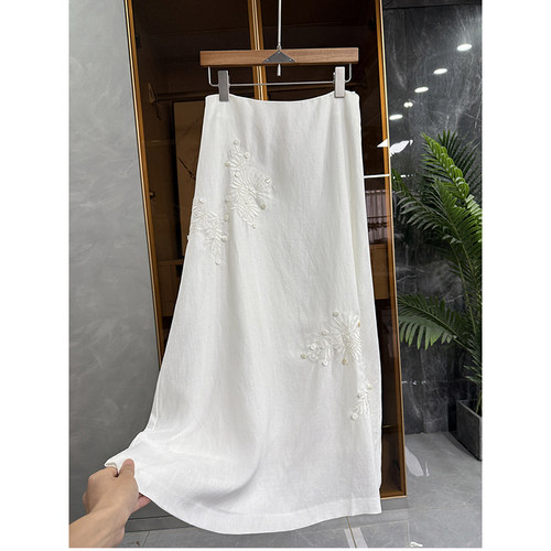 外M单！天丝亚麻刺绣A字半身裙