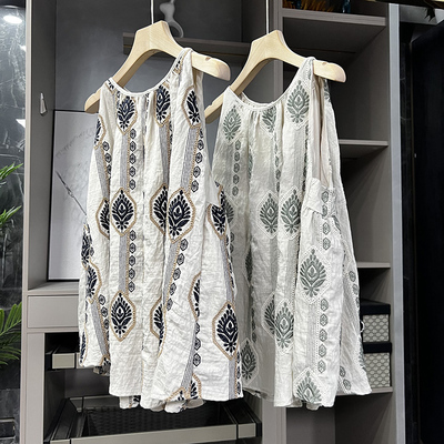 波西米亚风！刺绣亚麻吊带上衣