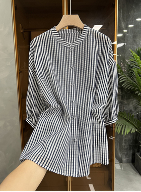 清仓不予退换！宽松条纹真丝棉圆领泡泡袖衬衫上衣女  MZ90341~JS