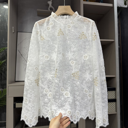 设计师款！金丝刺绣蕾丝真丝木耳领长袖套衫上衣女  87121~ZY