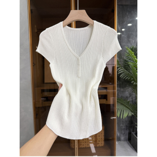 夏日穿搭小心机！修身真丝绵羊毛V领短袖针织衫上衣女 733102~JS