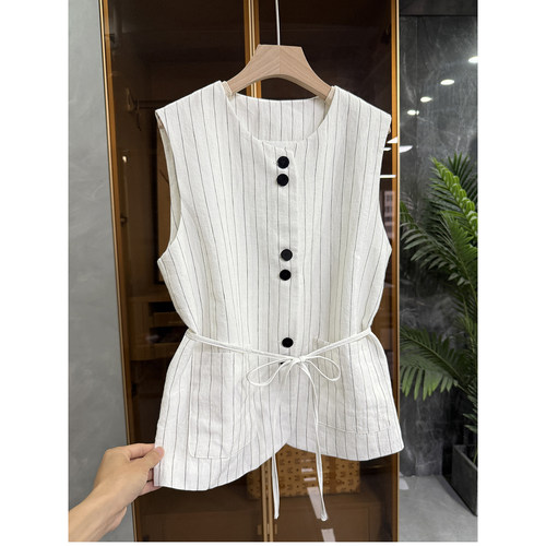 大厂出！条纹亚麻圆领西装马甲