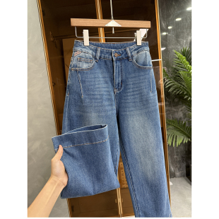 小个子收!显瘦显高!莱赛尔中高腰牛仔直筒九分裤女 M338105~JS