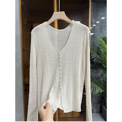 N货！亚麻V领长袖针织开衫上衣