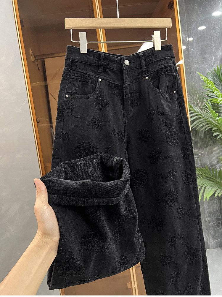 INS风！怎么穿都好看！高腰提花抓绒牛仔直筒裤女   V30710