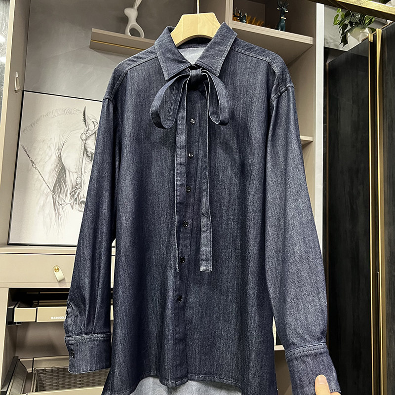 yuan单！琎口宽松亚麻牛仔衬衫