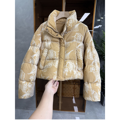 烧花丝绒立领白鸭绒羽绒服短外套