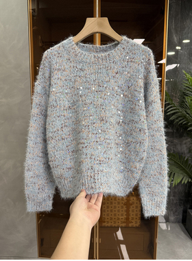 美出圈的大N货！宽松花纱亮片圆领针织短毛衣女   R1086~ME