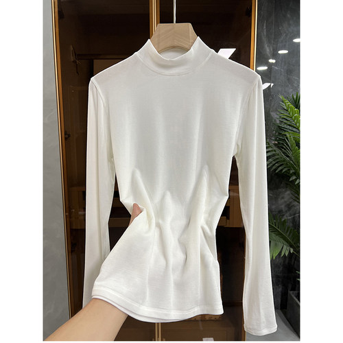 N货加绒半高领羊毛长袖T恤打底衫