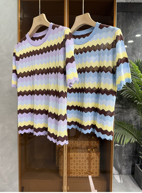 清仓不予退换！木浆丝条纹针织衫圆领短袖上衣女B2708~ME