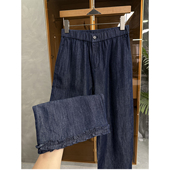 59395 女 亚麻牛仔松紧腰木耳边直筒九分裤 小个子收