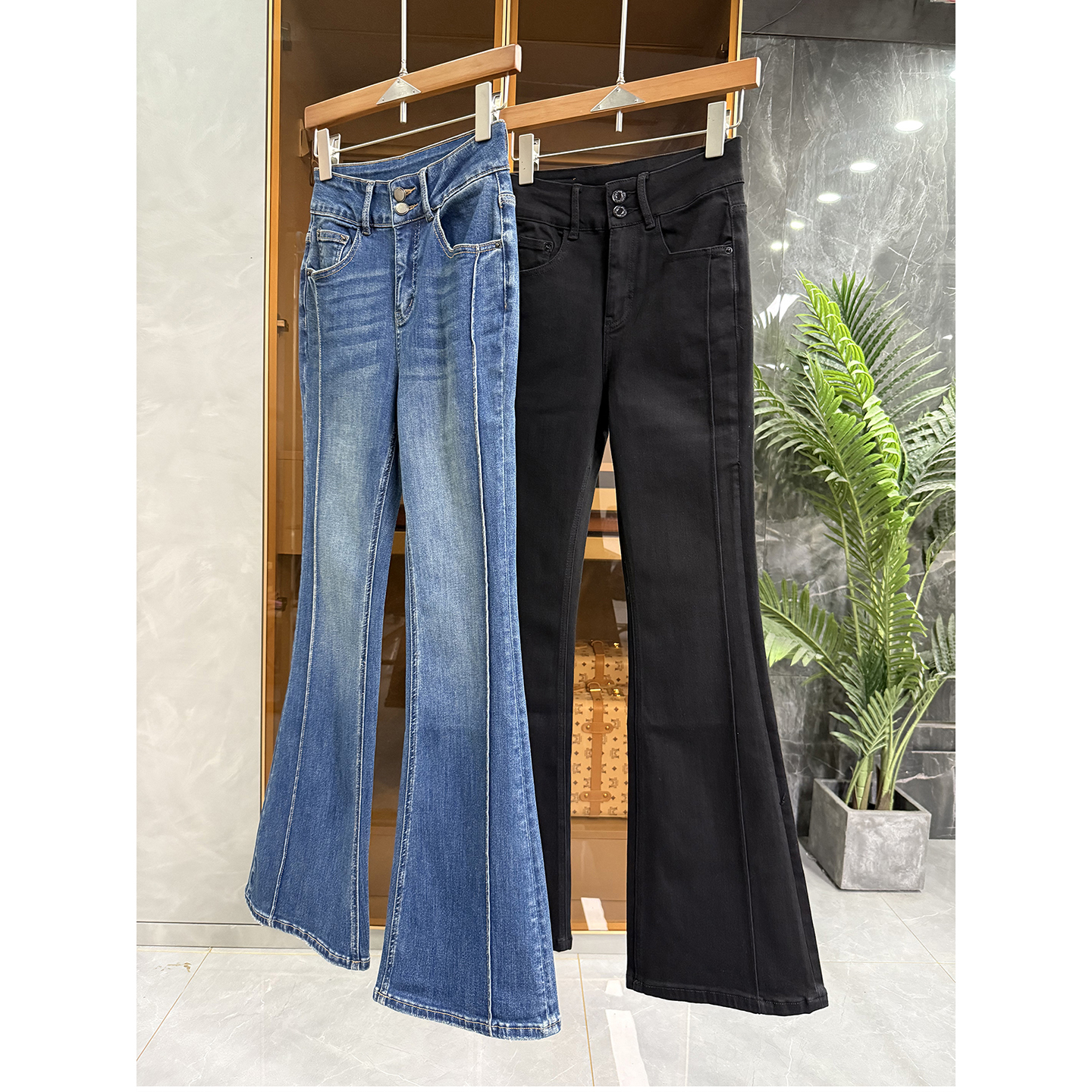 大厂品质!微弹中高腰牛仔喇叭裤