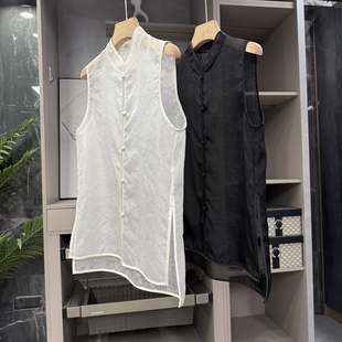 P牌新中式！真丝提花欧根纱立领盘扣无袖背心衬衫上衣女 58512~ZY