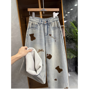 M778182 高个子收 女 做旧加绒中高腰牛仔阔腿裤 炸街单品