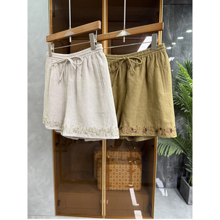 夏日zui爱 刺绣钉珠亚麻松紧腰休闲短裤 女20251644 清凉透气