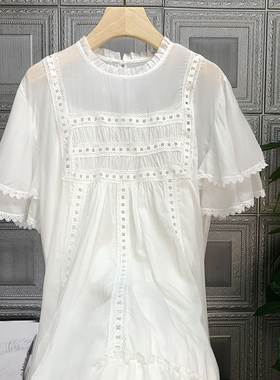 清仓不予退换！上身美醉~法式浪漫拼蕾丝短袖连衣裙32708