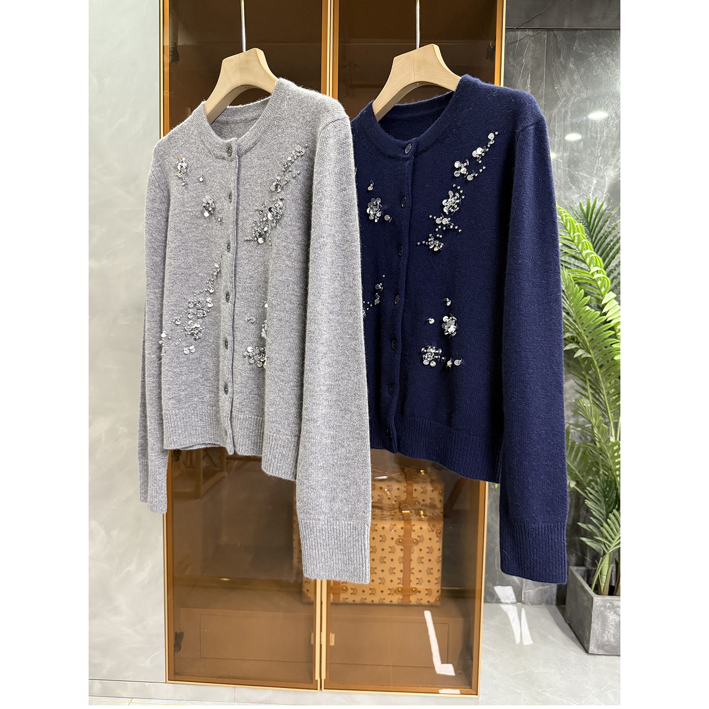 P牌料！亮片羊绒圆领针织开衫