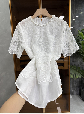 清仓不予退换！穿9美！珍珠圆领蕾丝短袖上衣女81311~JS