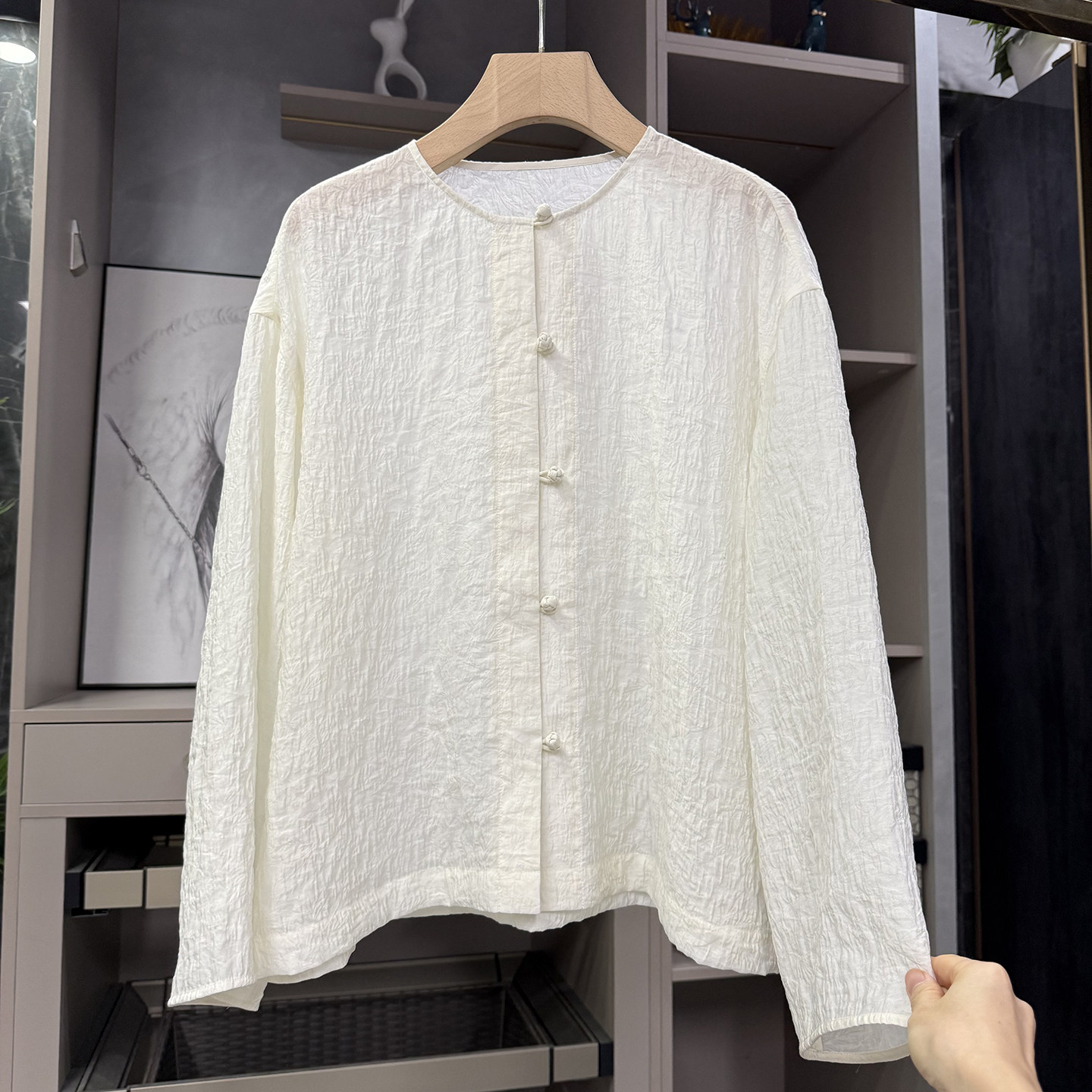 宽松中式盘扣圆领长袖开衫外套
