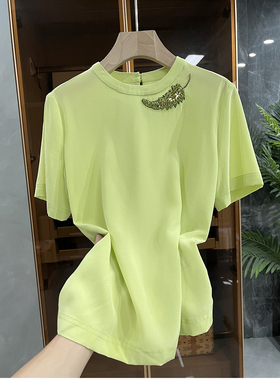 清仓不退！N@3展会订单！钉珠叶子真丝双绉短袖上衣女   234224