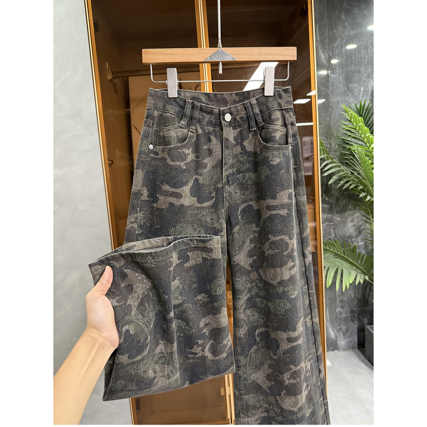 N货！提花迷彩牛仔直筒阔腿裤