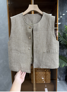 清仓不予退换！i气质感！亚麻圆领短马甲上衣女D25385~ME