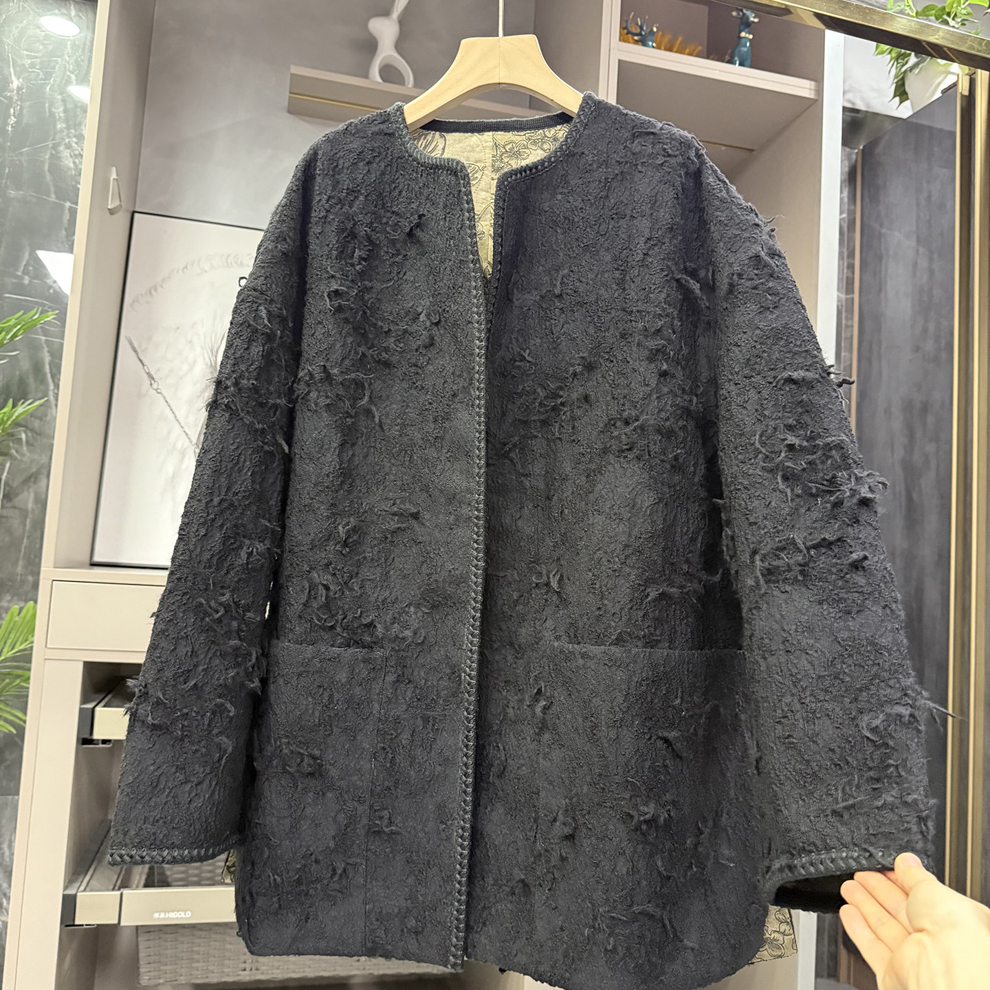 柜款宽松两面穿羊毛夹棉圆领外套