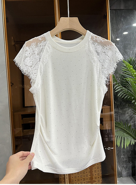 清仓不退！不要不要！拼接蕾丝烫钻圆领短袖上衣女    25K5~JS