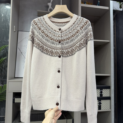 外M设计师款！复古费尔岛羊绒羊毛圆领针织开衫女    733209~ZY