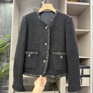 560526 羊毛亮片圆领短外套女 法柜香风 重磅莼尾