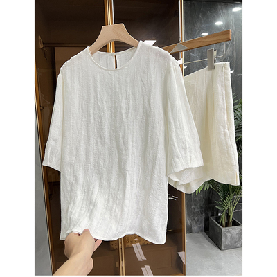 宽松亚麻圆领短袖上衣+短裤套装