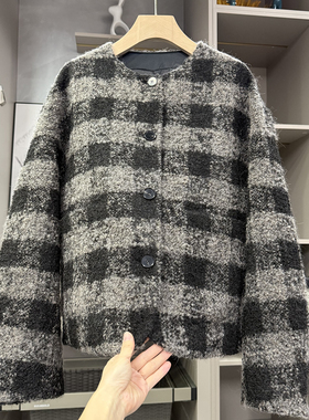 G上7K+！莼尾法柜！宽松圈圈绒羊毛格子圆领外套女    730743~ZY