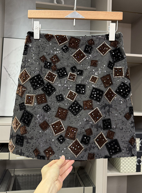 INS博主推荐！美炸街！重工钉珠亮片方块A字半身短裙女 K1175~ZY