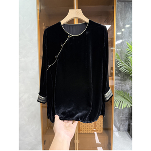 D23321 上衣女 刺绣真丝丝绒圆领斜襟七分袖 yuan厂新中式