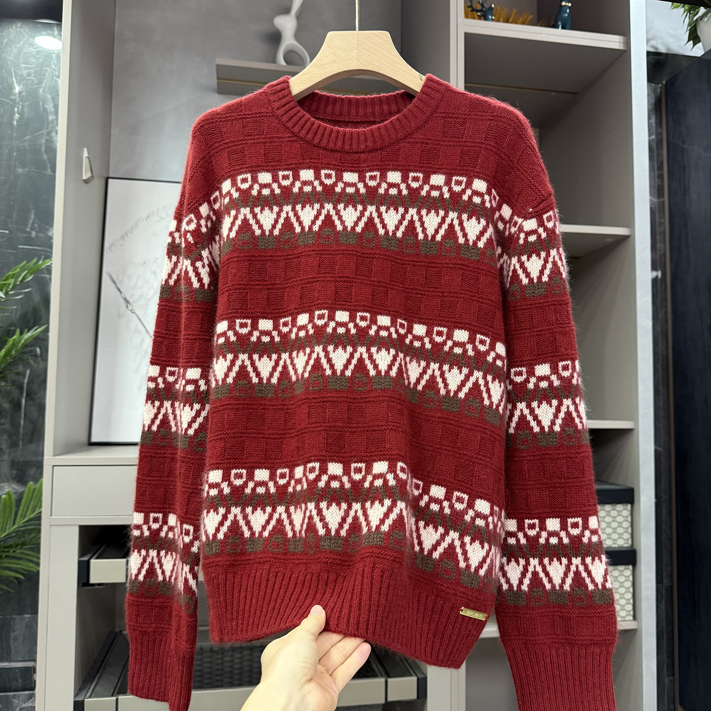 Q货!宽松费尔岛羊毛圆领针织毛衣