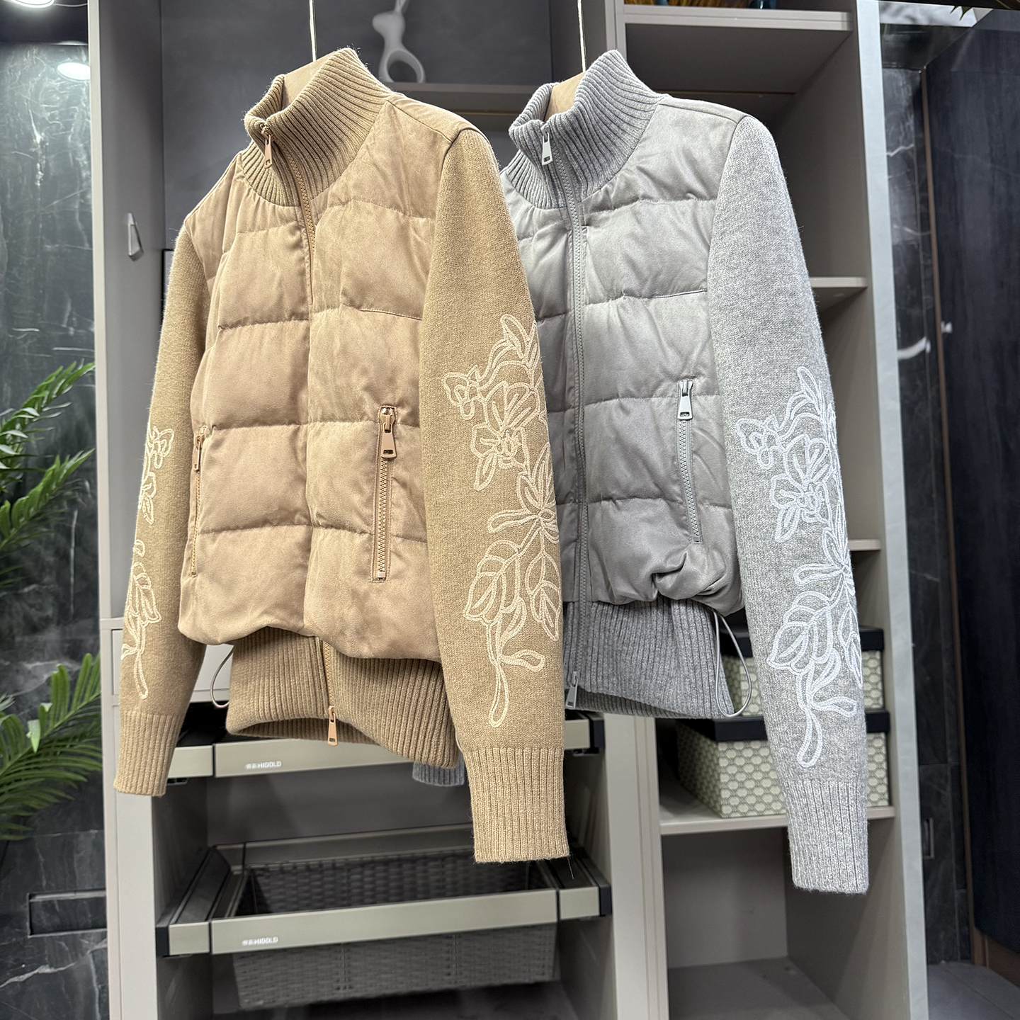 假两件拼接针织鹅绒羽绒服外套